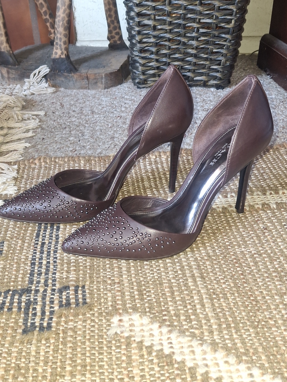 Coach Elegant Women's Brown Pointed Toe High Heels with Stud Detail